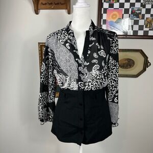 Signature by Larry Levine Black & White Blouse Flowy Top & Structured Bottom
